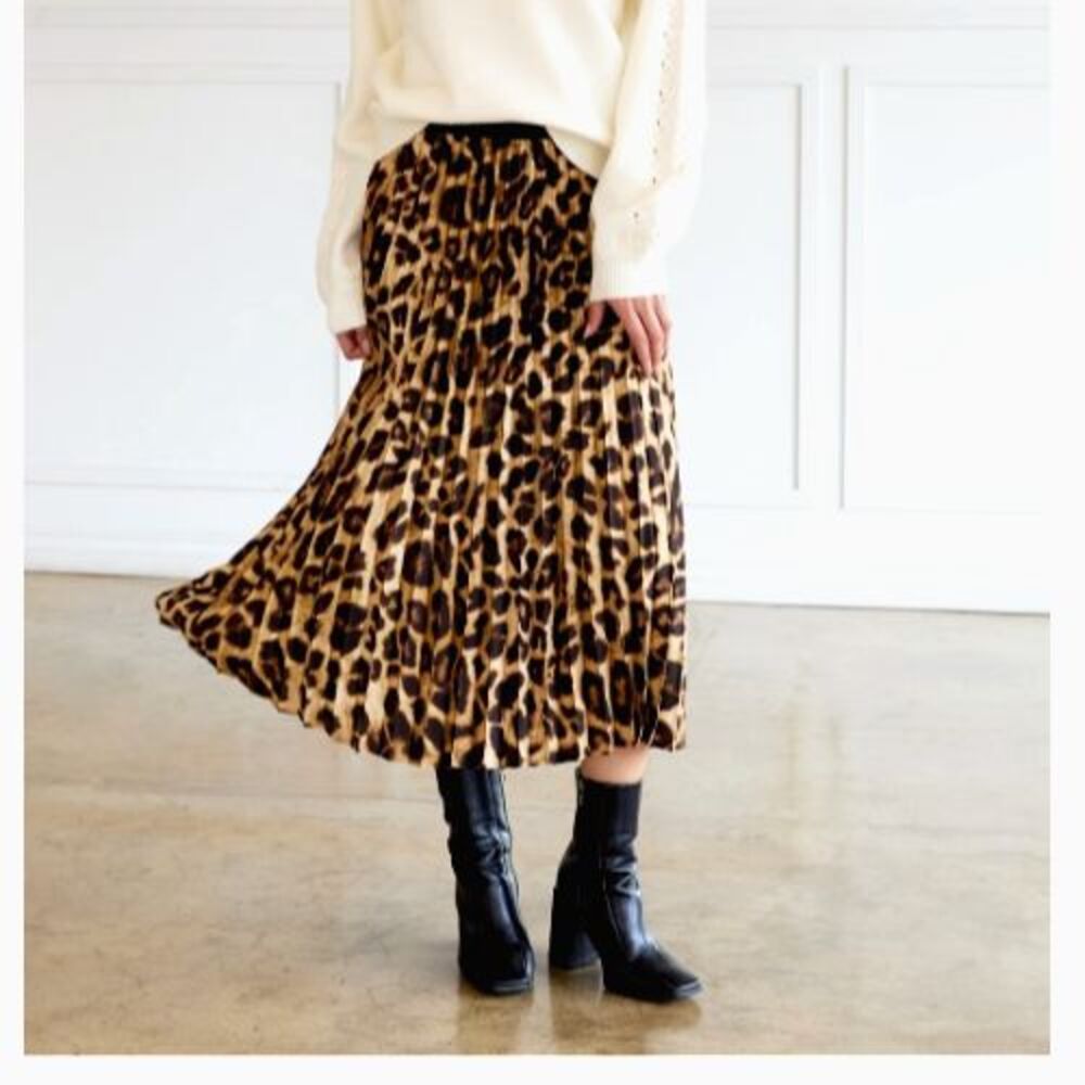 7th Ave Leopard Animal Print Pleated Midi Skirt Small Stretch Boho Office Career